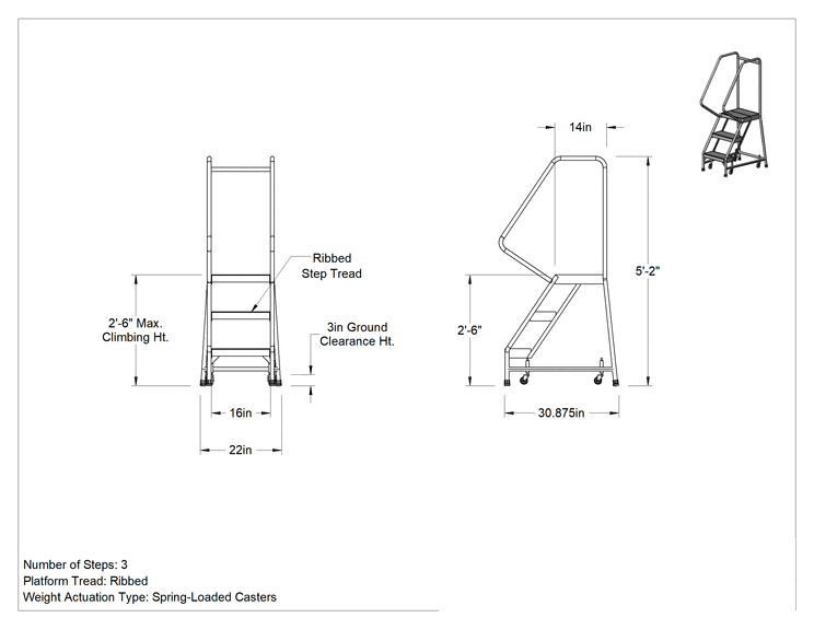 Teknik Çizim - Hafif Alüminyum Tekerlekli Platform Merdiveni, Yivli Basamaklar, 5'2" Yükseklik x 22" Genişlik x 31" Derinlik Toplam