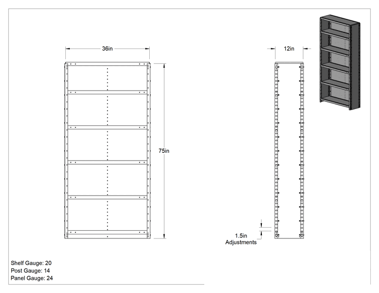Teknik Çizim - Standart Hizmet Raf, 6 Raflı Kapalı, 36" Genişlik x 75" Yükseklik x 12" Derinlik