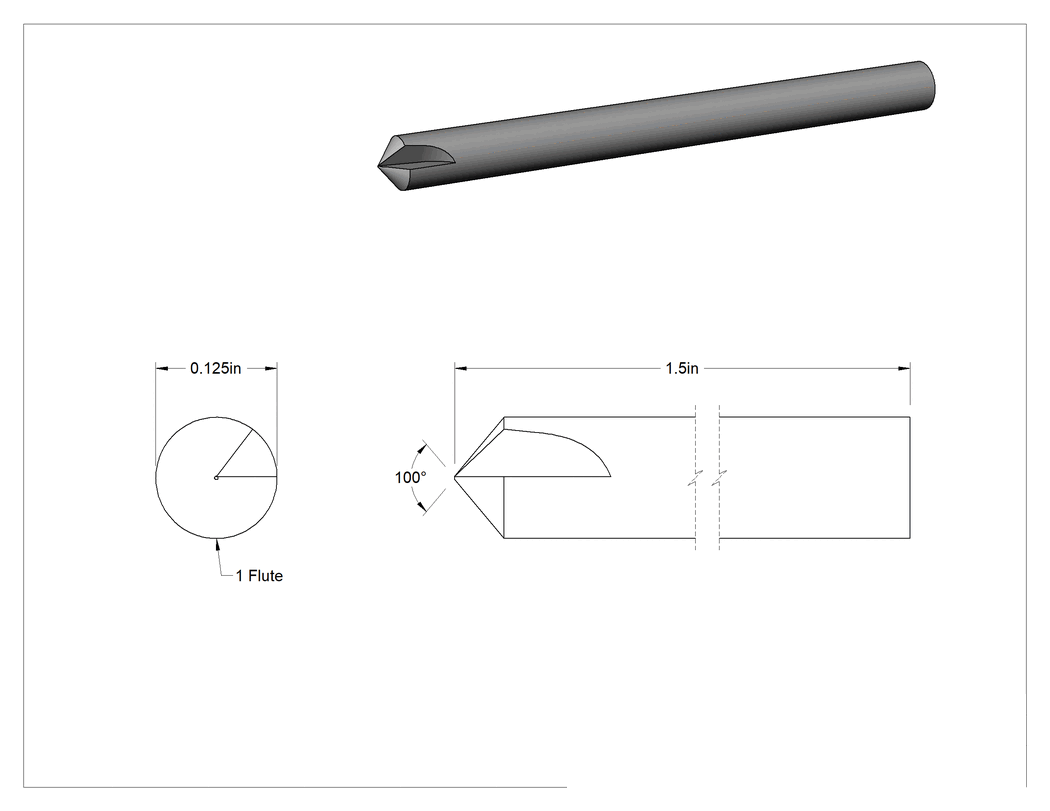 Teknik Çizim - Kaplamasız Karbür Havşa, Perçinler için, 1 Yiv, 1/8" Gövde Çapı