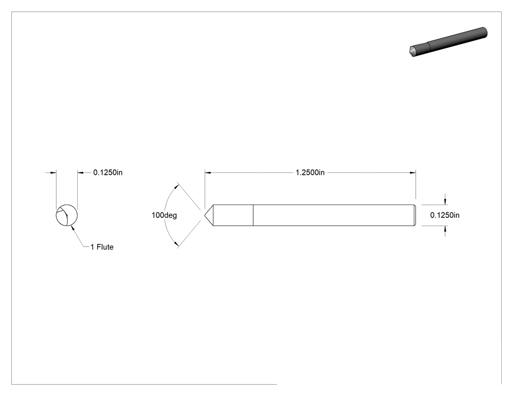 Teknik Çizim - Titanyum Nitrür Kaplı Yüksek Hızlı Çelik Havşa, Perçinler için, 100 Derece, 1 Yiv, 1/8" Gövde Çapı