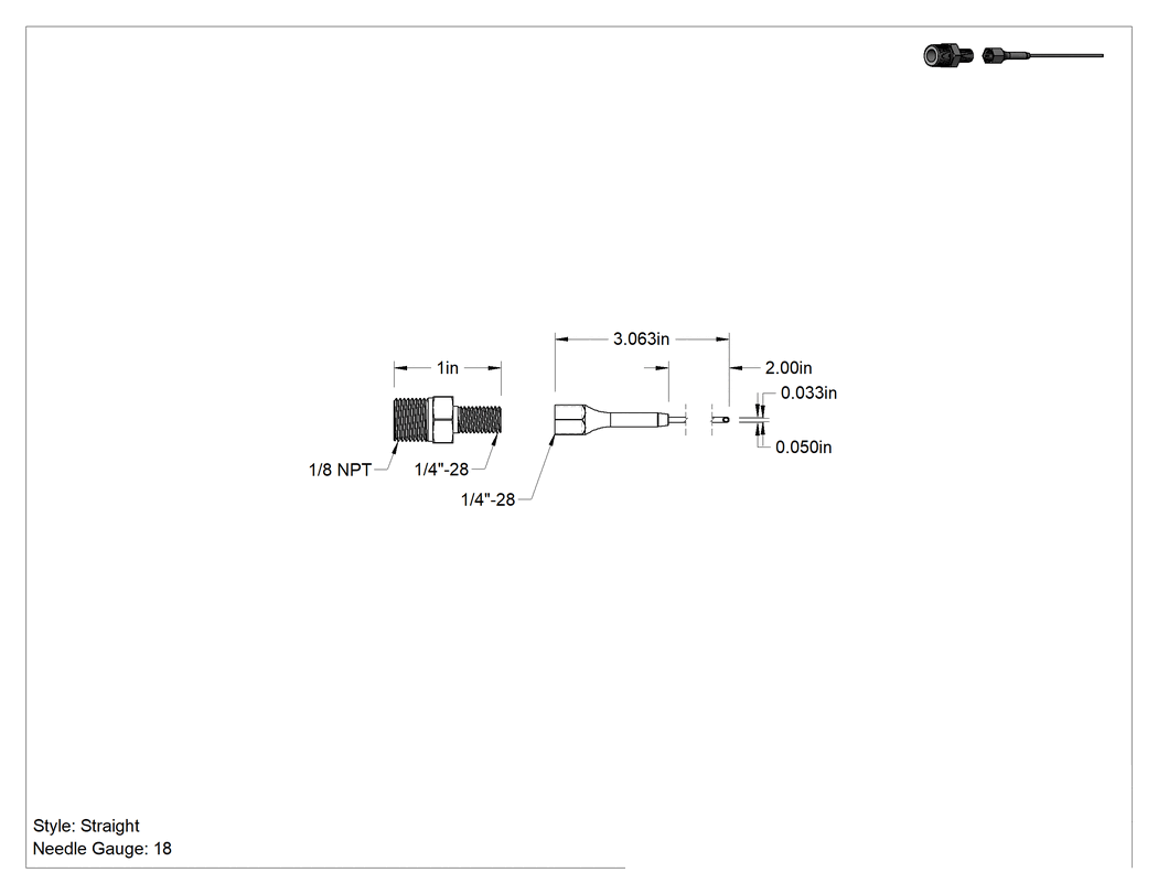 Teknik Çizim - 3-1/16" Uzunlukta, 0.050" Dış Çaplı Düz Hassas Gres Dağıtım Uçlu Nozul