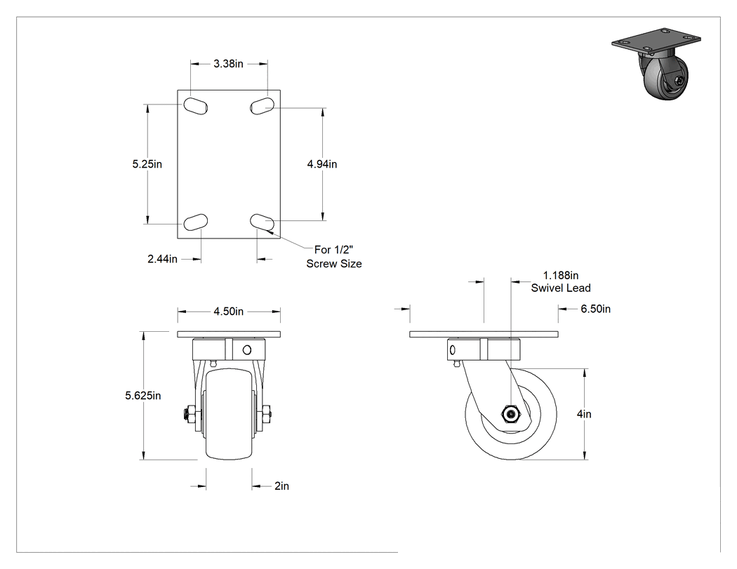 Teknik Çizim - 6-1/2" x 4-1/2" Plakalı Yüksek Kapasiteli Vulcan Tekerlek, 4 inç Çapında Naylon Tekerlekli Döner Ayak