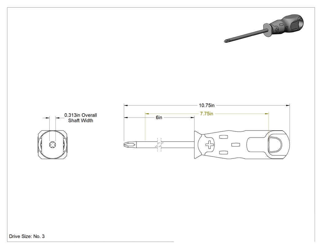 Teknik Çizim - Tornavida, 3 Numaralı Phillips Ucu, 10-11/16" Toplam Uzunluk