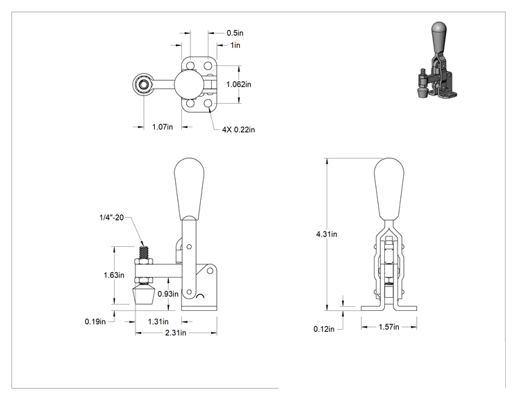 Teknik Çizim - Sabitleme Mandal Kelepçesi, Katı Kol, Çelik, 200 lbs. Tutma Kapasitesi, 2-3/8" Toplam Uzunluk