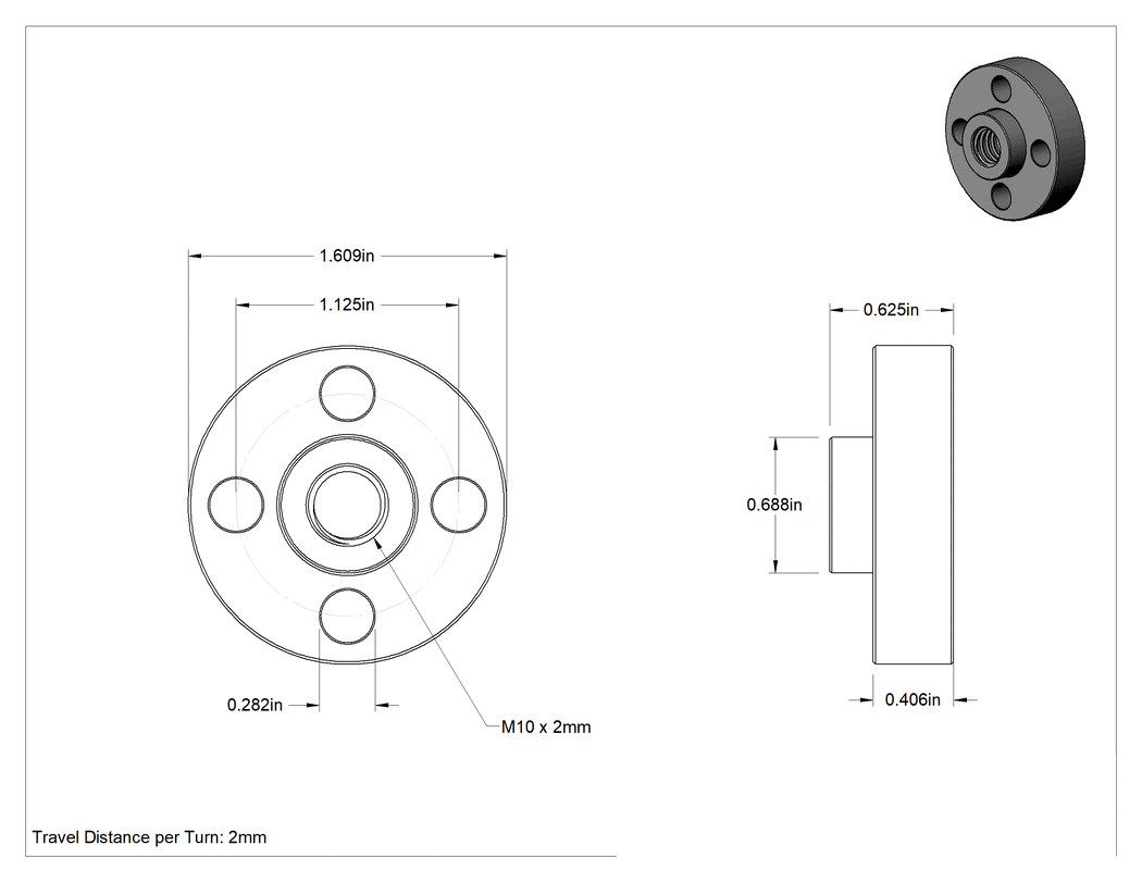 Teknik Çizim - Hassas Flanşlı Somun, M10 x 2 mm Kılavuz Vida için Diş