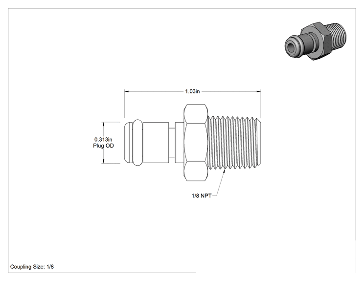 Teknik Çizim - Kimyasallar için Hızlı Bağlantı Boru Bağlantısı, Erkek Uç, 1/8 Kaplin Boyutu x 1/8 NPT Erkek