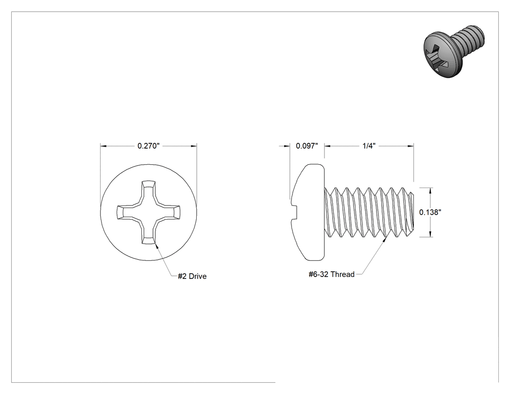 Teknik Çizim - 18-8 Paslanmaz Çelik Silindir Başlı Phillips Vidalar, PTFE Kaplı, 6-32 Diş Boyutu, 1/4" Uzunluk