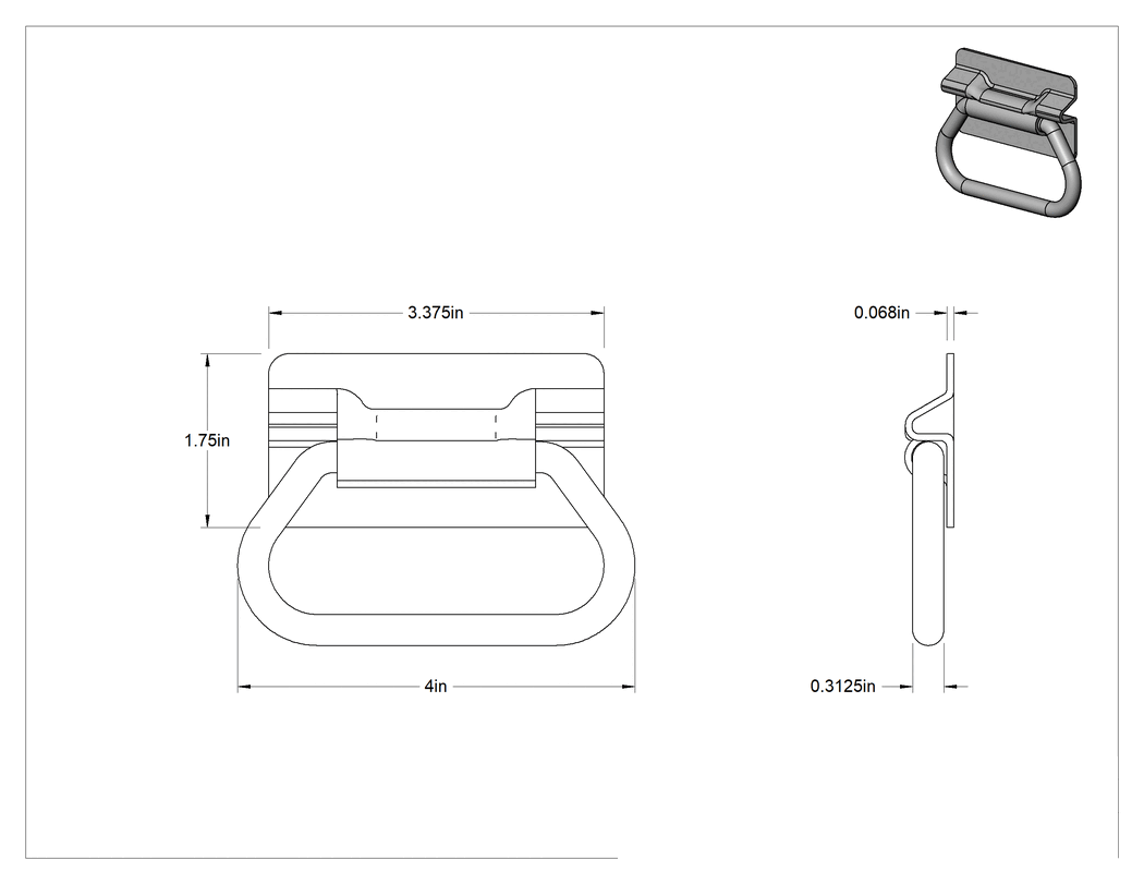 Teknik Çizim - Montaj Plakalı Yuvarlak Tutamaklı Katlanır Çekme Kolu, Kaynaklı, 1008 Çelik, 4" Genişlikte Tutamak, 1-3/4" Yüksekliğinde Montaj Plakası