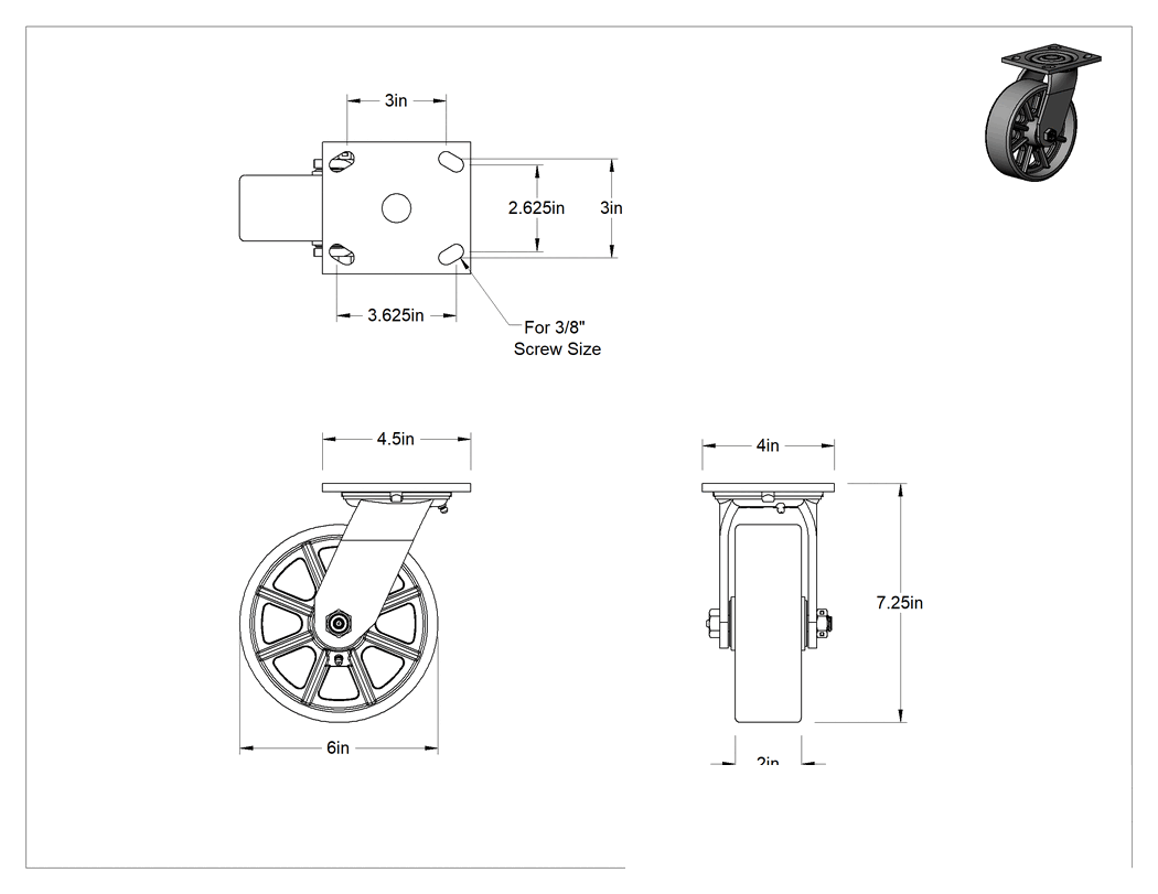 Teknik Çizim - 4-1/2" x 4" Plakalı Yüksek Kapasiteli Spartan Tekerlek, 6 inç Çapında Korumalı Yataklı Metal Tekerlekli Döner Ayak