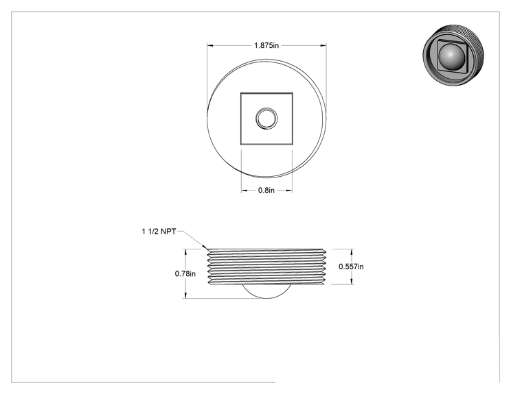 Teknik Çizim - ABS Plastik Temizleme Tapası, Gömme, 1-1/2 NPT için