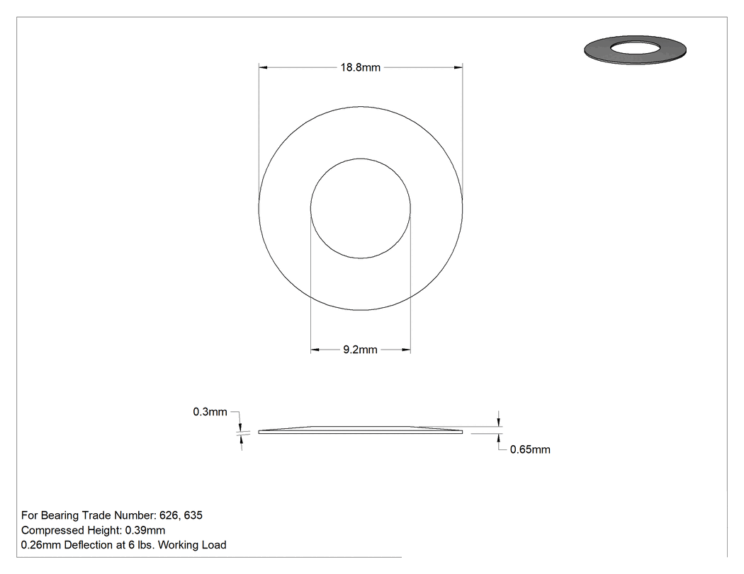 Teknik Çizim - Rulmanlar için Konik Disk Yaylar, Rulman Ticaret No. 626 ve 635 için, 9.200 mm İç Çap
