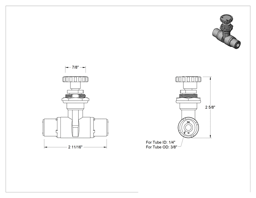 Teknik Çizim - Gıda ve İçecek Hassas Akış Ayar Valfi, 1/4" İç Çap ve 3/8" Dış Çap Boru için Bas-Bağlantı Parçaları