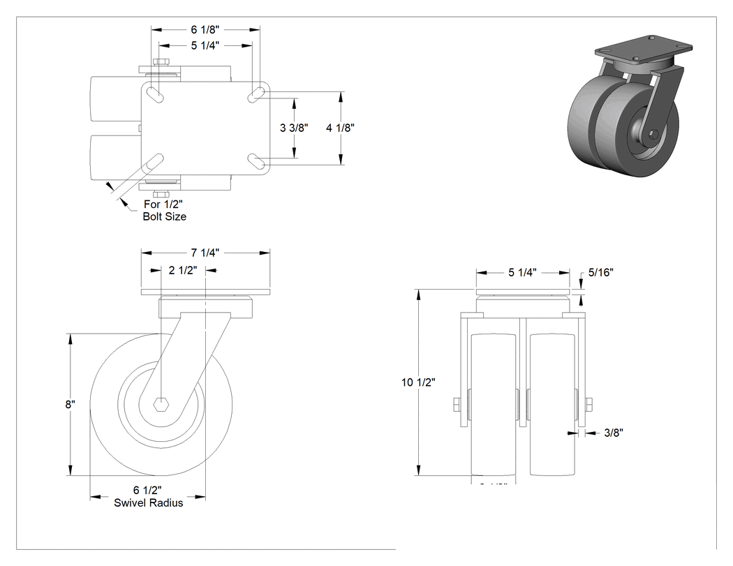 Teknik Çizim - 7-1/4" x 5-1/4" Plakalı Stronghart Tekerlek, Ekstra Yüksek Kapasiteli, 8" Çapında Fenolik Tekerlekli Döner