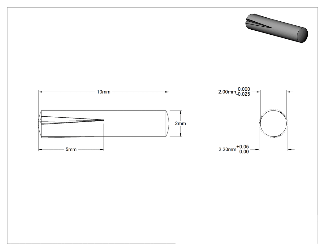 Teknik Çizim - Yarım Yivli Pim, Konik Yiv, 2 mm Çap, 10 mm Uzunluk