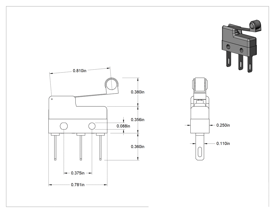 Teknik Çizim - Hafif Dokunmalı Mikro Ani Hareketli Anahtar, Faston Terminaller ile Makara Kollu Aktüatör, 5A @ 250V AC