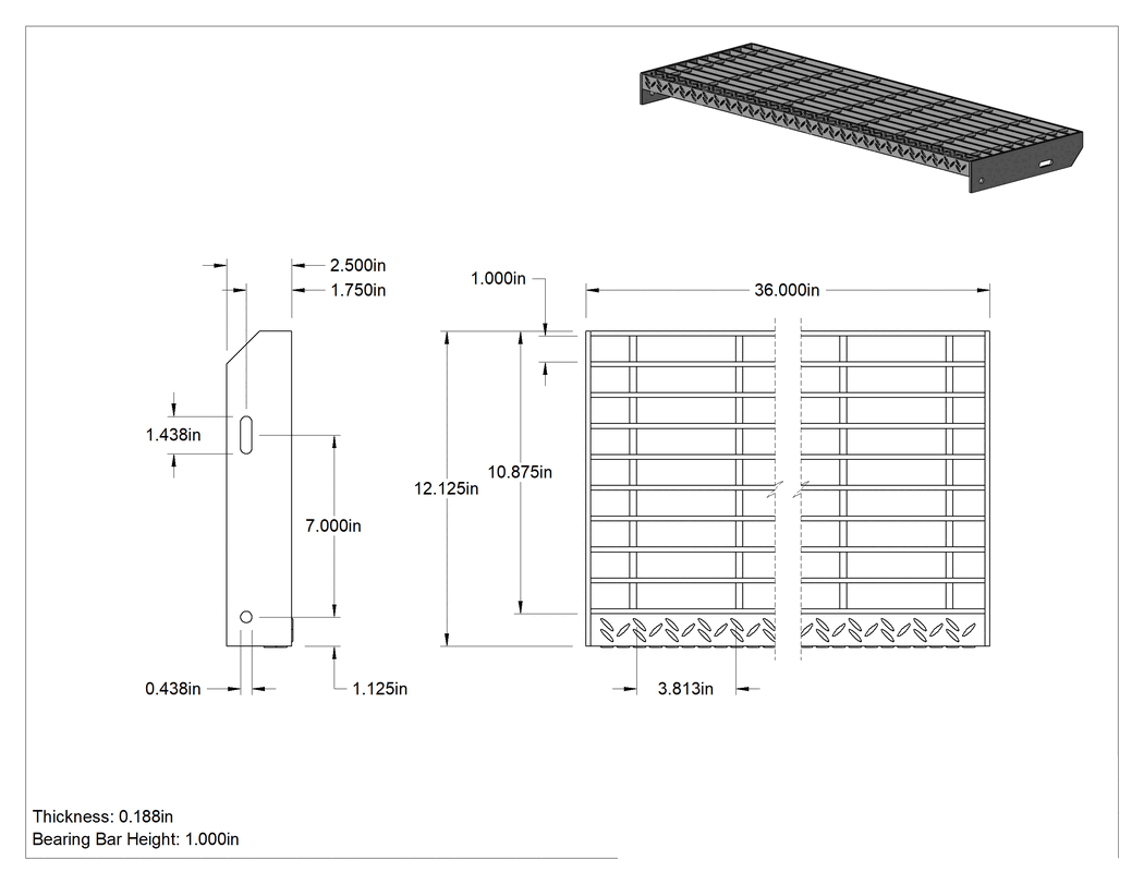 Teknik Çizim - Çubuk Izgaralı Merdiven Basamakları, Pürüzsüz, Toz Boyalı Çelik, 36" Genişlik x 12-1/8" Derinlik
