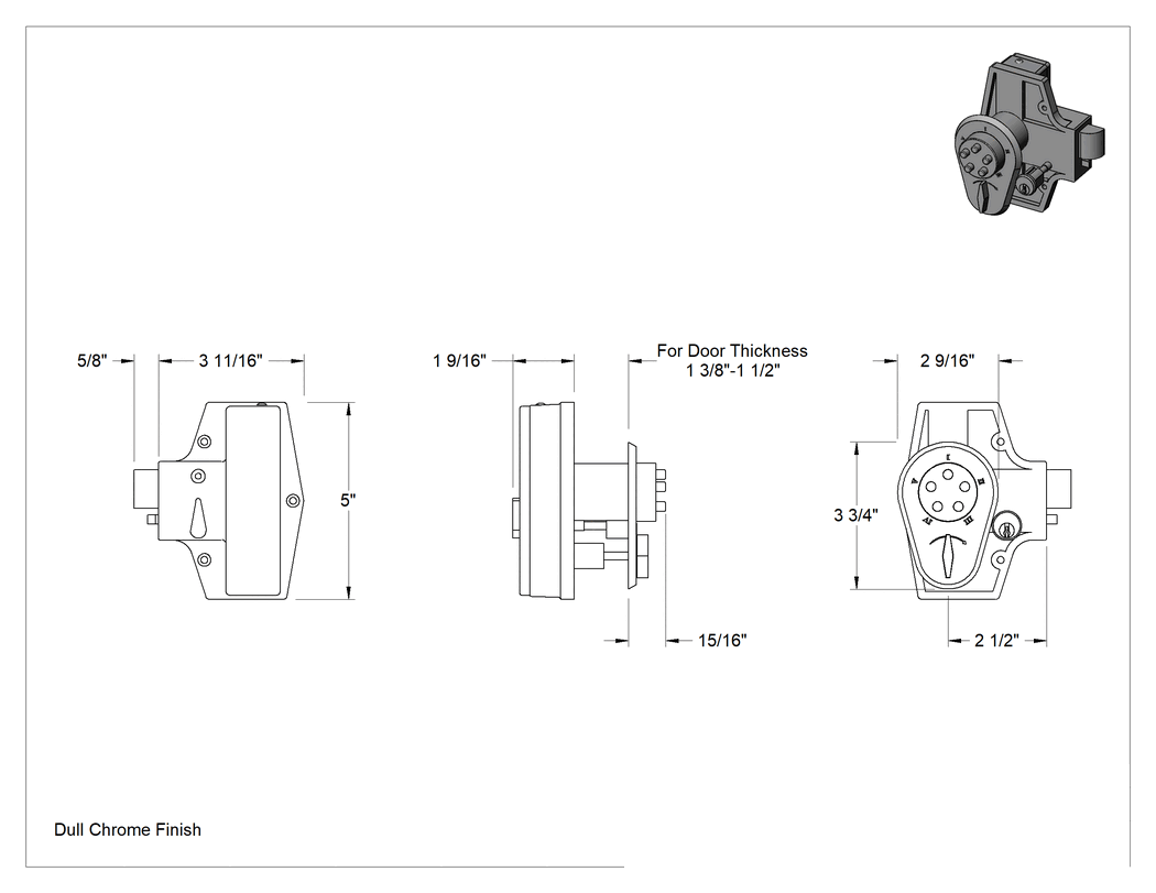Teknik Çizim - Düğmeli Kombinasyonlı Sürgü Kapı Kilidi, Anahtar Kontrolü, Kendinden Kilitlenen, 1-3/8" ila 1-1/2" kapı kalınlığı için