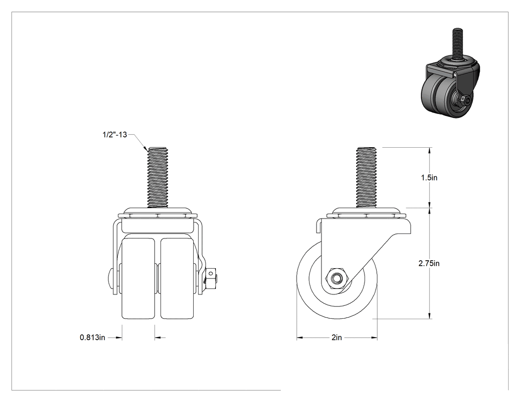 Teknik Çizim - Dişli Saplı Döner Tekerlek, 1/2"-13 Dişli ve 2" Çaplı Polipropilen Tekerlekli