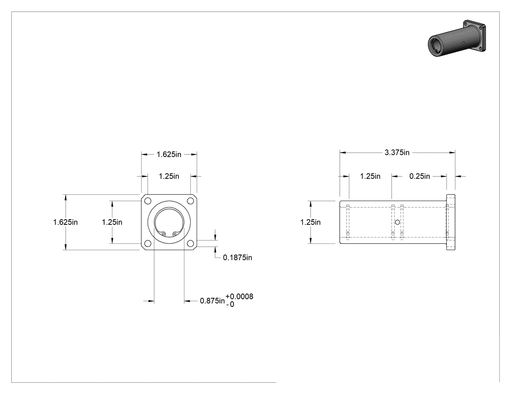 Teknik Çizim - Flanş Montajlı Lineer Rulman Muhafazası, İki adet Rulman için, 7/8" Rulman Dış Çapı için