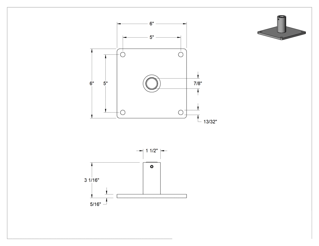 Teknik Çizim - Ağır Hizmet Tipi Konumlandırma Kolu için 6" Uzunlukta Pim Tabanı