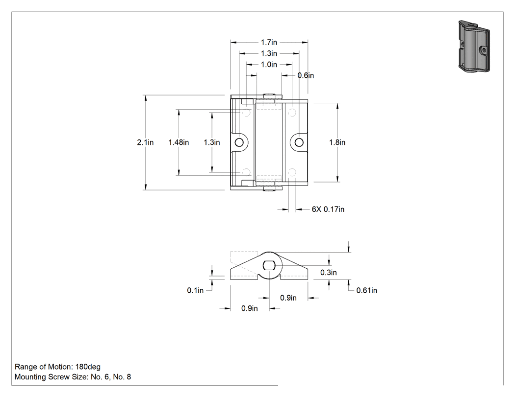 Teknik Çizim - Parlatılmış 304 Paslanmaz Çelik Sürtünmeli Menteşe, 2-1/8" x 27/32" Kapı Kanadı, 20.0 inç-lb Tork