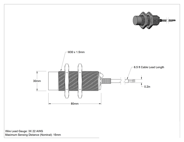 Teknik Çizim - AC/DC Metal Nesne Yakınlık Anahtarı, Pirinç, Tel Uçlu Çıkıntılı, 30 mm Çap, 1 Kapalı