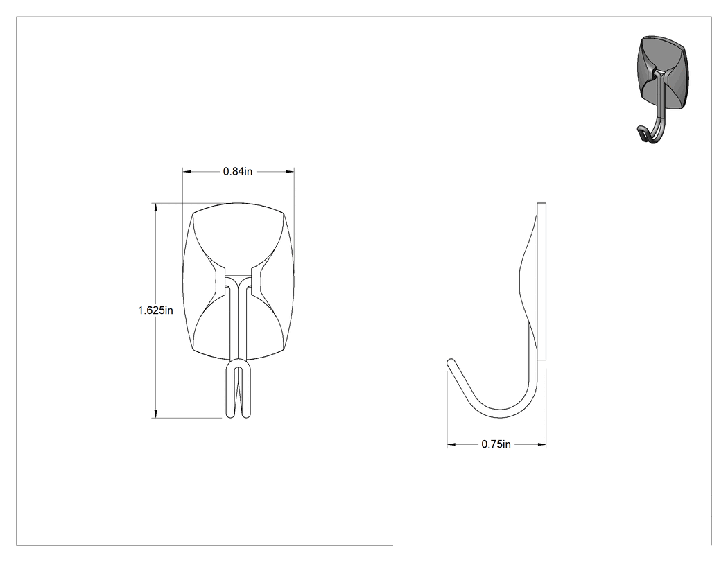 Teknik Çizim - Yeniden Kullanılabilir Yapışkan Sırtlı Asma Kancası, Duvar ve Alt Montaj, 3/4" Genişlik x 1-5/8" Yükseklik x 3/4" Toplam Derinlik