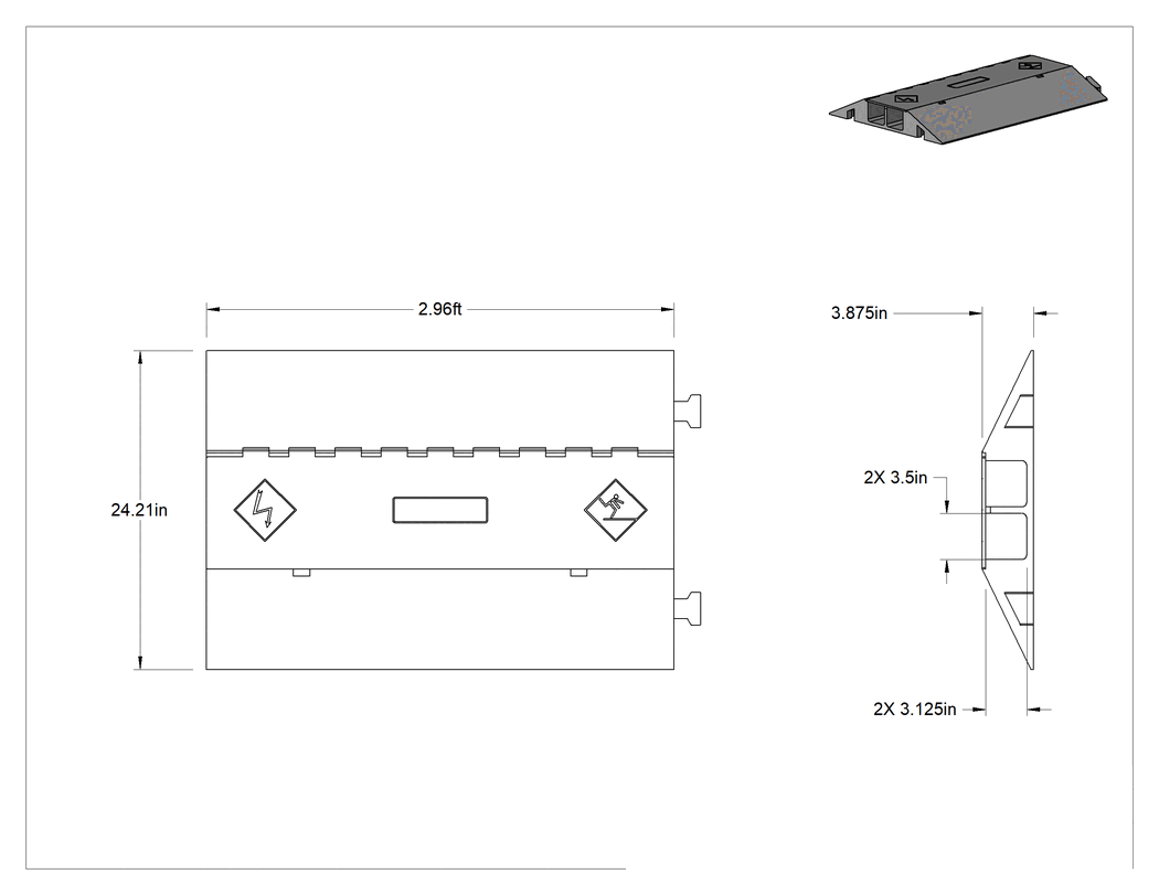 Teknik Çizim - Kilitli Kablo Rampası, Piramit Dokulu, 2 3-1/4" Genişlik x 3-1/2" Yükseklik Kanalları