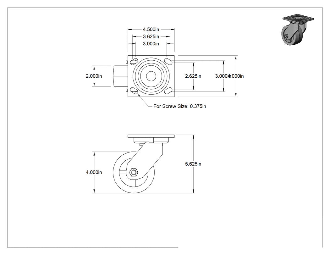 Teknik Çizim - 4-1/2" x 4" Montaj Plakalı Samson Tekerlek, 4" Çapında Gri Kauçuk Tekerlekli Döner Tekerlek, Açık Rulman