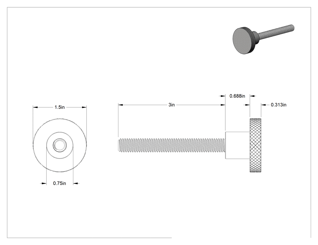 Teknik Çizim - 303 Paslanmaz Çelik Tırtıllı Düğme, 3/8"-16 Dişli 3" Uzunlukta Saplama, 1-1/2" Başlık Çapı