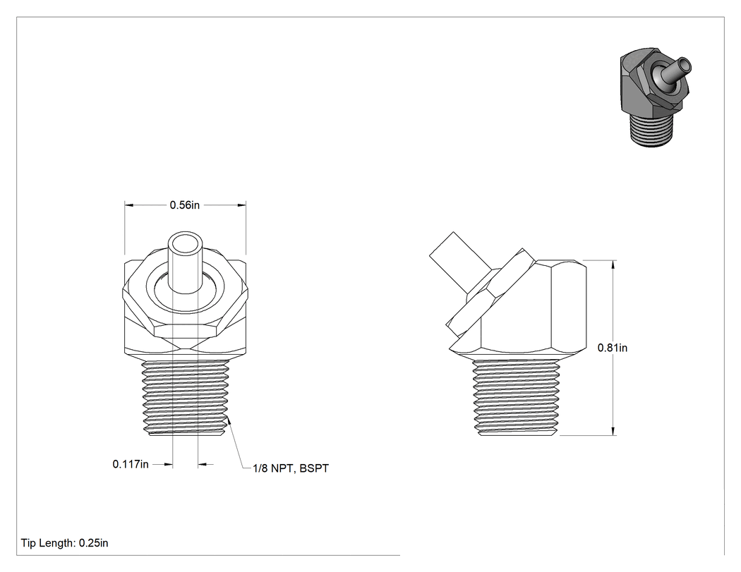 Teknik Çizim - NPT/BSPT Bağlantılı Makineye Monte Soğutma Sıvısı Nozulu, Yüksek Basınç, 1/8 Boru, 0.117" Delik, 1/4" Uzunluğunda Nozul
