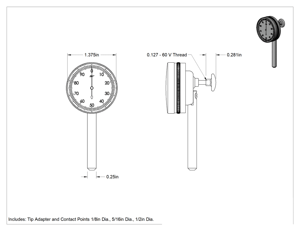 Teknik Çizim - Starrett Arka Pistonlu Komparatör, Sürekli Kadranlı, Model Numarası 196B1, 0-0.200" Aralık