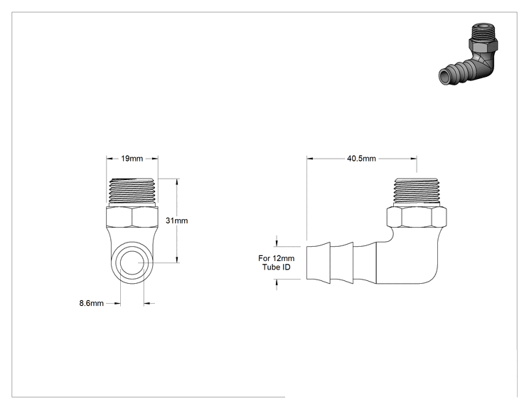 Teknik Çizim - Hava ve Su için Plastik Tırnaklı Boru Bağlantı Elemanı, Dirsek adaptörü, 12 mm Boru İç Çapı x 3/8 NPT Erkek
