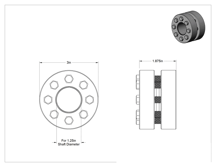 Teknik Çizim - Anahtarsız Kilitli Mil Kaplini, Çıkıntılı Yükler için, 1-1/4" Mil Çapı için