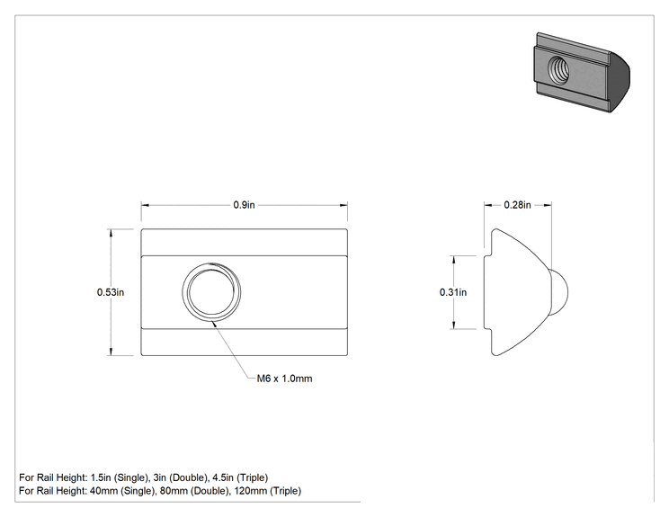 Teknik Çizim - Kendinden Hizalamalı T-Yivli Çerçeve Somunları, Yaylı Takılabilir, 1.5 inç ve 40 mm Ray, M6, Çelik