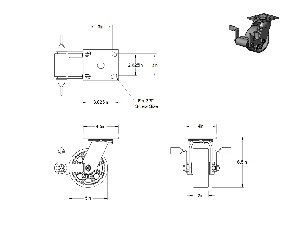 Teknik Çizim - 4-1/2" x 4" Plakalı Yüksek Kapasiteli Spartan Tekerlek, Frenli Döner Tekerlek ve 5" Çapında Açık Rulmanlı Metal Tekerlek