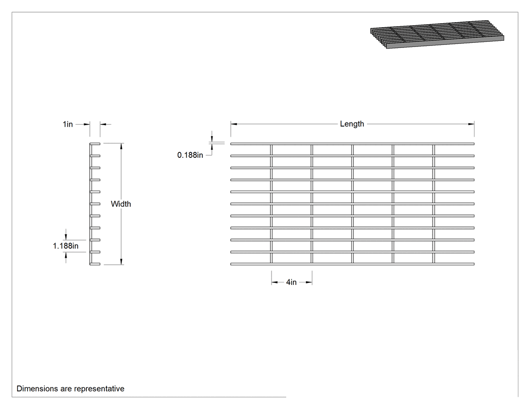 Teknik Çizim - 304 Paslanmaz Çelik Çubuk Izgara, Pürüzsüz, 1" Taşıyıcı Lama Yüksekliği