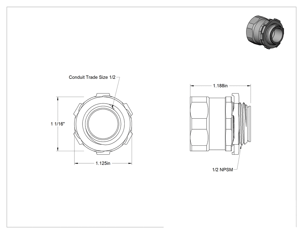 Teknik Çizim - Esnek Metal Kanal için Adaptör, Çelik, 1/2 Kılavuz Dişi x 1/2 NPSM Erkek