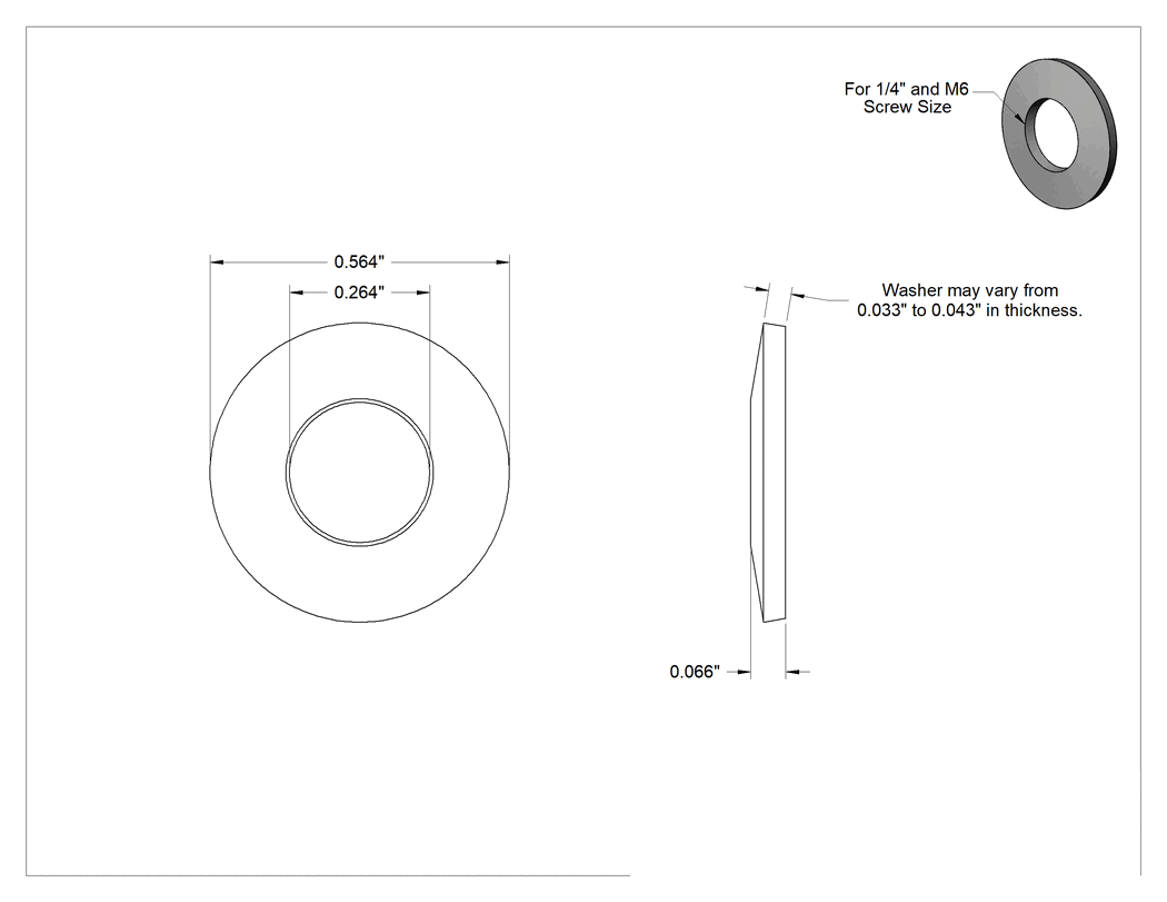 Teknik Çizim - Asetal Ağır Titreşime Dayanıklı Yaylı Kilit Pulları, 1/4" ve M6 Vida Boyutu için, 0.264" İç Çap, 0.564" Dış Çap
