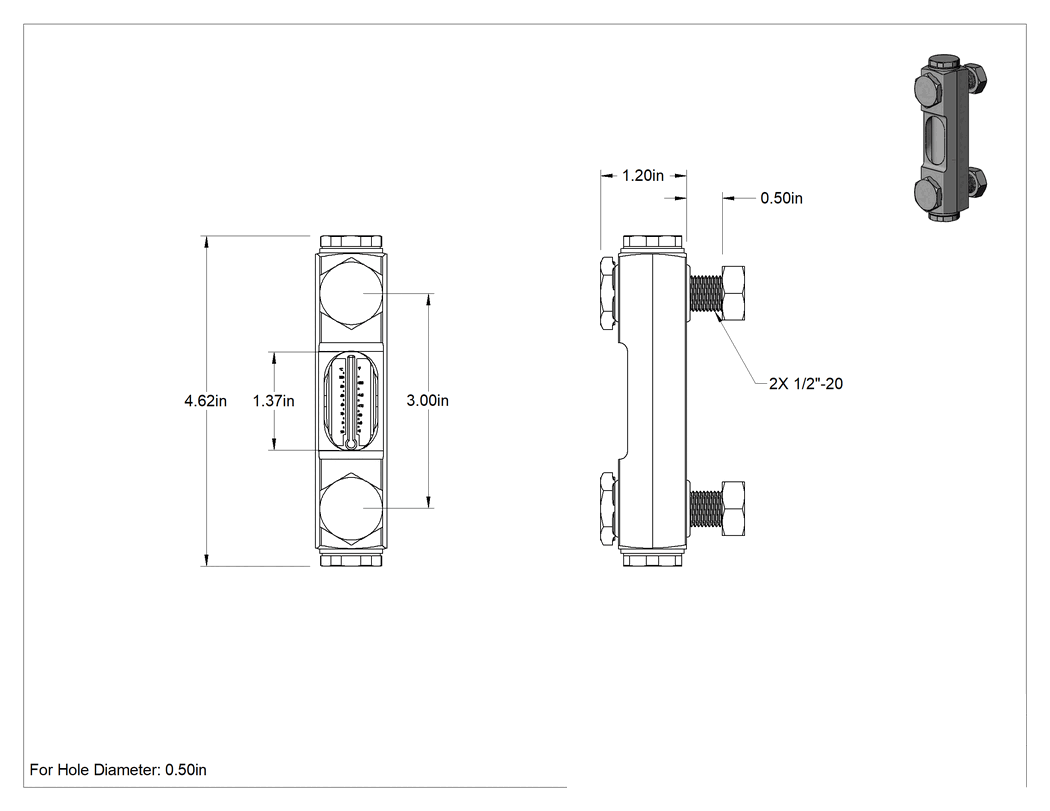 Teknik Çizim - Yüksek Basınçlı Yağ Seviyesi ve Sıcaklık Göstergesi, Vidalı/Duvardan Geçen, 1/2"-20 Erkek UNF, 3" Merkezden merkeze