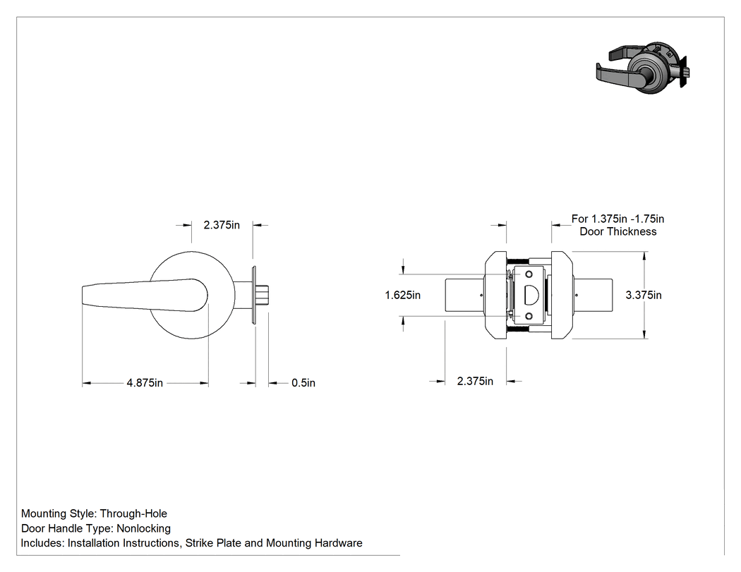 Teknik Çizim - Sargent 6500 Kapı Kolu, 2-3/8" Boğaz Mesafesi