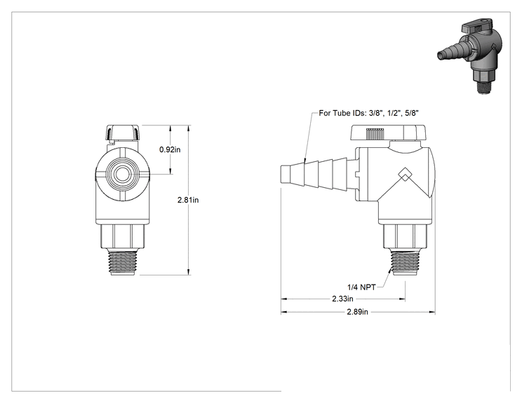Teknik Çizim - Kimyasallar için Açma/Kapama Vanası, Kol Saplı Dirsek, 1/4 NPT Erkek x Konik Bağlantı Parçası