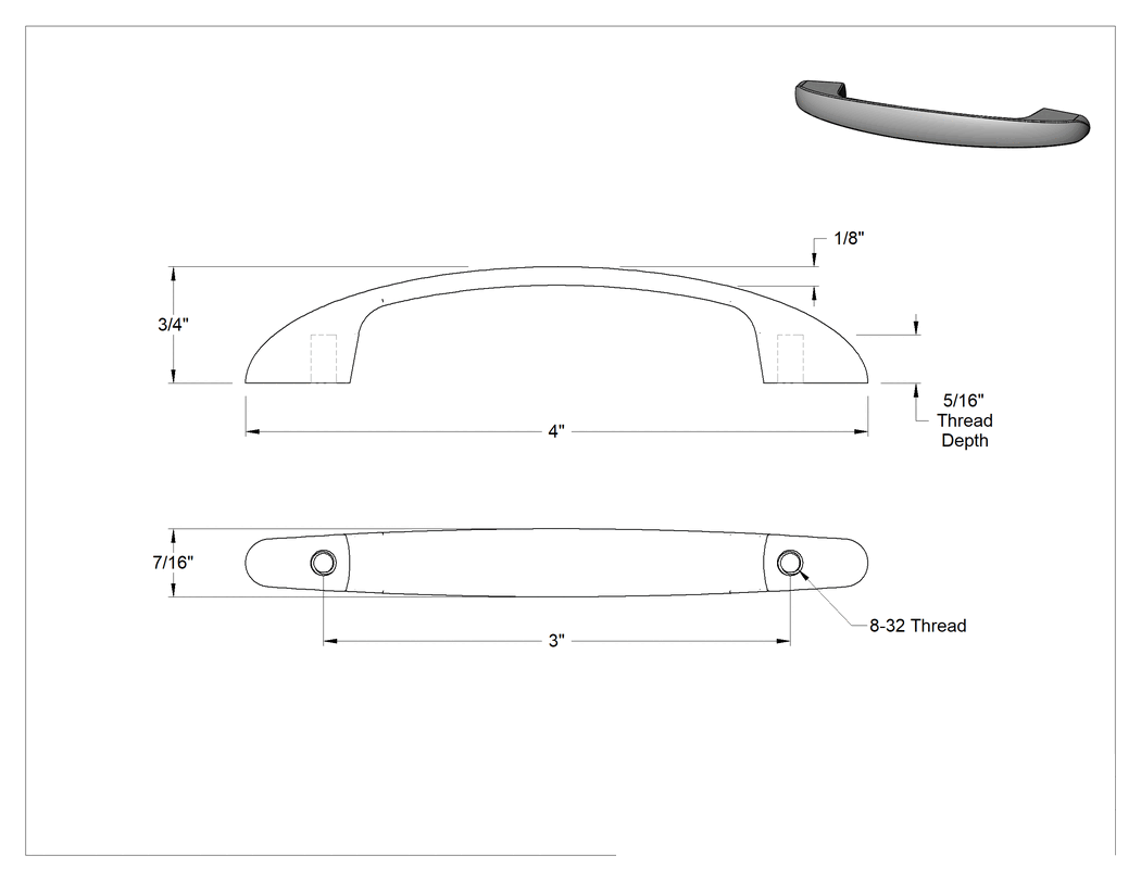 Teknik Çizim - Dişli Delikli Montajlı Oval Çekme Kolu, Parlak Krom Kaplamalı Çinko, 3" Merkezden Merkeze Genişlik