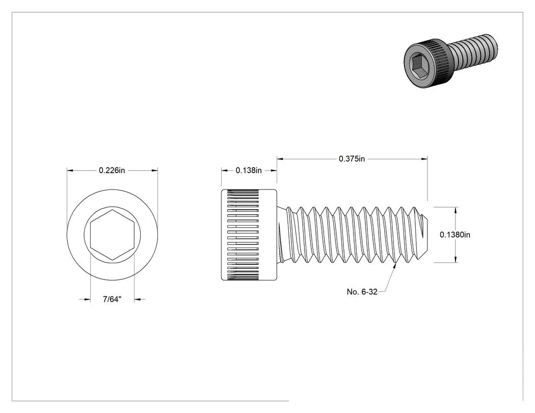 Teknik Çizim - Sol Dişli Alaşımlı Çelik Alyan Başlı Vida, 6-32 Diş Boyutu, 3/8" Uzunluk