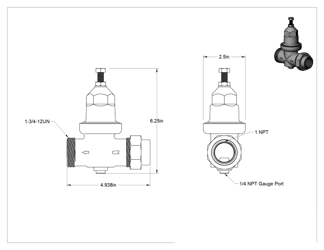 Teknik Çizim - İçme Suyu için Basınç Düzenleme Valfi, Birleştirme Bağlantılı, 1 NPT Dişi Giriş x Çıkış