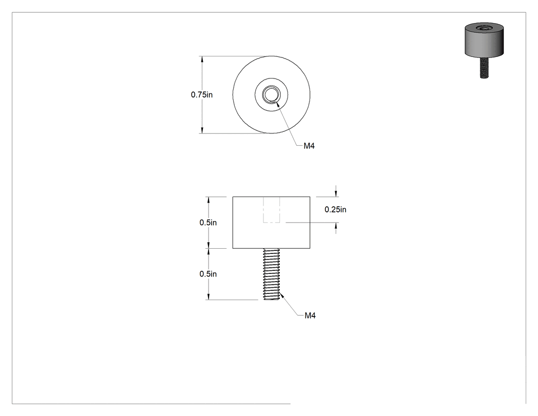 Teknik Çizim - Sorbothane Titreşim Sönümleyici Sandviç Montaj, M4 x 0.7 mm Çinko Kaplı Çelik Saplama, Çelik Ek Parça, 6 lbs. Kapasite
