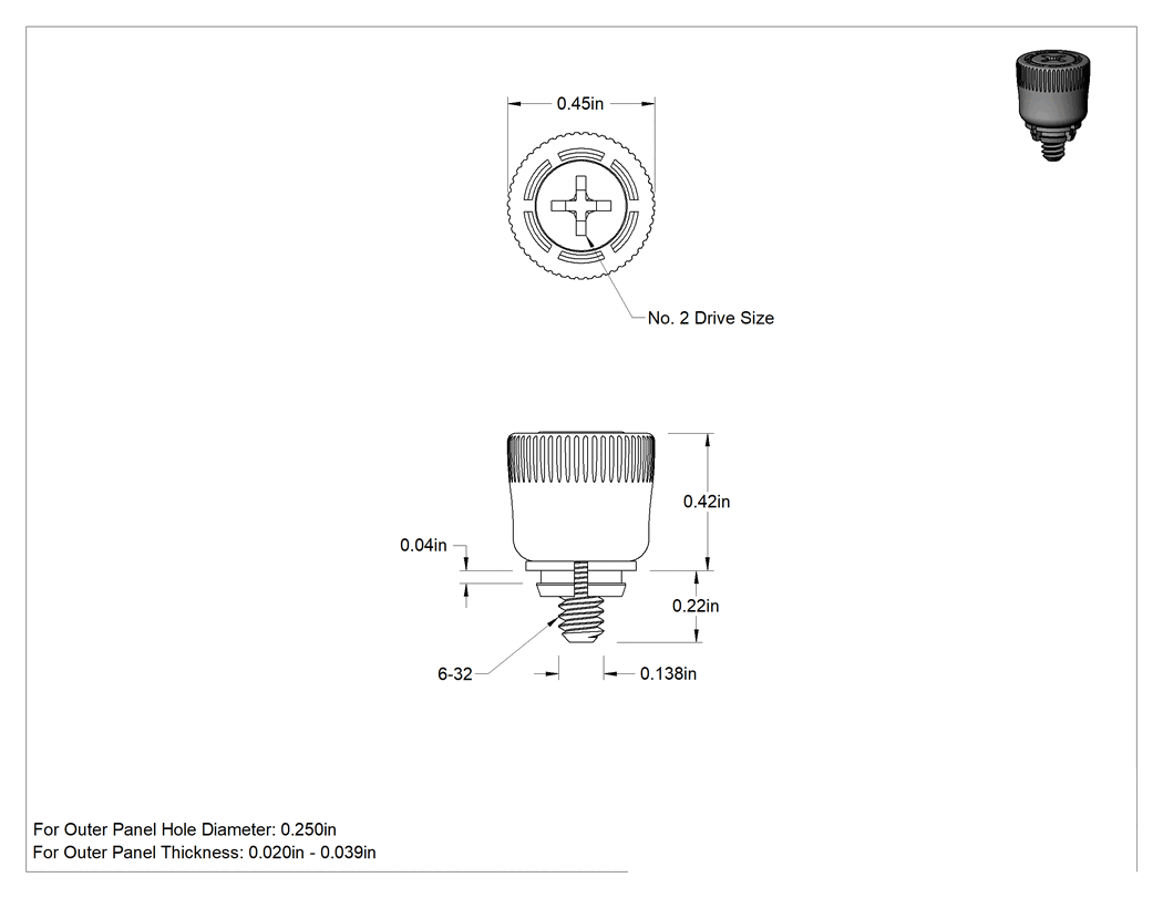 Teknik Çizim - Toz Boyalı Başlıklı Sabit Panel Vidası, Takılabilir, 6-32 Boyut, 0.020"-0.039" Kalınlık için, 0.22" Uzunluk