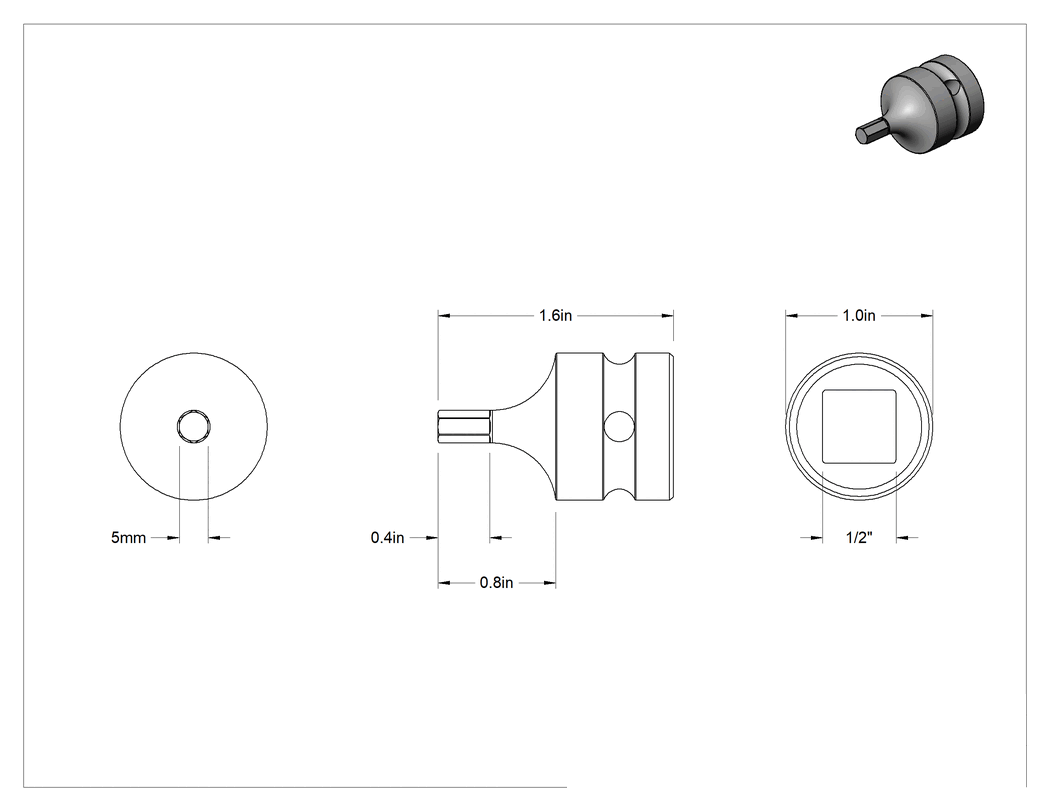 Teknik Çizim - Darbe Altıgen Uçlu Soket, Kısa, 1/2" Kare Tahrik, 5 mm Tahrik Boyutu
