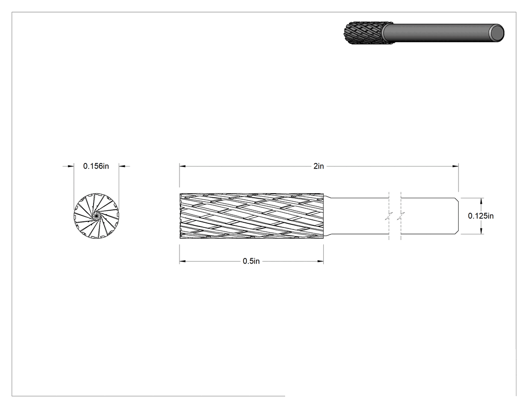 Teknik Çizim - 1/8" Çaplı Şaftlı Karbür Freze Ucu, Düz Kesici Silindir, Ticaret No. Sb-52, Çift Kesimli Diş