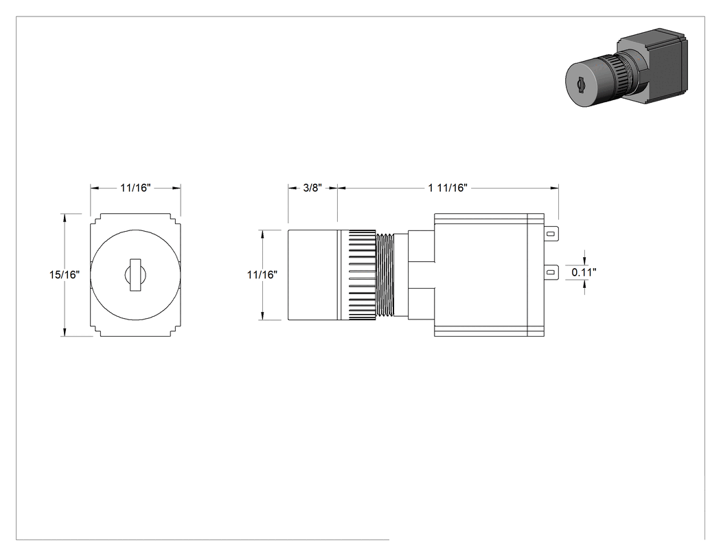 Teknik Çizim - 16 mm Panele Monte Plastik Anahtar, Anahtarlı, 2 Konum, 1 Devre, Kalıcı Konumlu